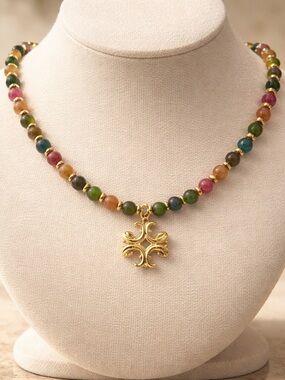 Tory Burch Multicolor Beaded Necklace with Gold Cross Motif